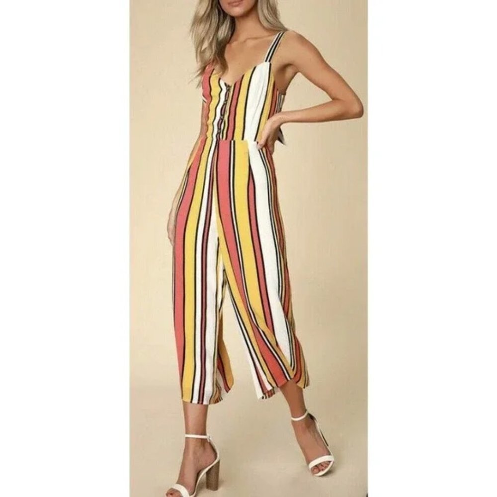 Lulu’s |Jessica Mustard Coral Pink Striped Jumpsuit Medium Tie Back CP3019
